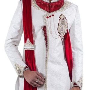 DESIGN STUDIO Men’s White Indowestern Velvet Touch H/emb With Maroon Harem