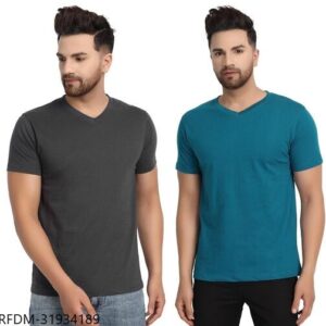 Men V-Neck Casual Solid Elephant Grey and Teal Half Sleeve T-Shirt (Pack of 2)