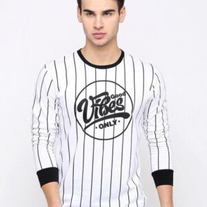 Men White Vertical Striped Round Neck T-shirt