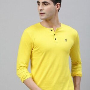 Men Yellow Henley Neck T-shirt