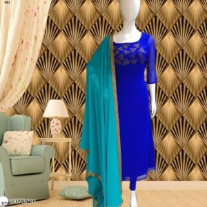 Flamboyant Royal Blue Colored Partywear Diamond Work Stitched Georgette Churidar Suit