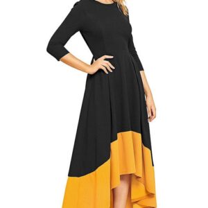 FG Designer Solid Color High-Low Three-Quarter Sleeves Black Dress For Women