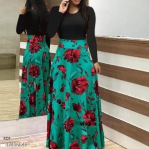 Womens Turquoise_Dress With Flower Print And Black Upper_0102