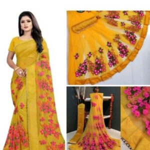 trending emroidery saree net yellow