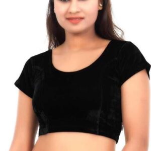 Miraya Women’s Round Neck Velvet Readymade Stretchable Blouse (Half Sleeve), (Colour – Black)