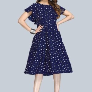 Women Navy Blue & White Floral Print Layered Skater Dress