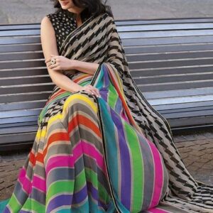 GoSriki White Multi Color Georgette Printed Saree (Ximena_Multi)