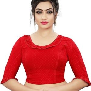 JP1026 RED COTTON Jacquard STRETCHABLE 3/4 FRILL SLEEVES Readymade SAREE BLOUSE