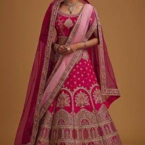 LATEST DESIGNER SATIN EMBROIDERY WORK VELVET CLOTH LEHENGA CHOLI WITH INNER SANTOON CLOTH – PINK