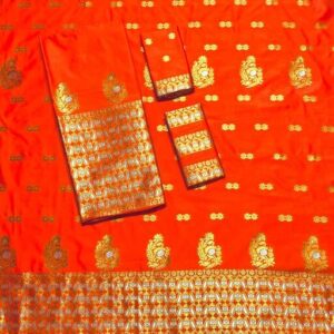 SILVER GOLD GUNA POLY ASSAMESE MEKHELA SADOR CONTRAST SET MEKHLA CHADOR BY KAMDAR