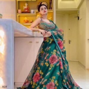 Lehenga Choli For Women’s Bollywood Styel Organza Silk With Beautiful Digital Green Colors With Cancan And Canvas Ateched