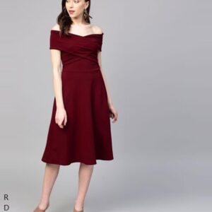 Charming Maroon Off-Shoulder Pleated Fit & Flare Dress