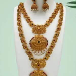 South Indian Bridal Double Necklace With Earring Jewellery Set For Indian Bride