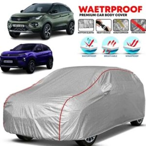 Fully Waterproof Car Cover For Tata Nexon UV Protection & Dust Proof Full Tested Premium Polyester Fabric with Mirror Pockets Nexon Cover All Model Suitable Universal Fit Premium Quality with Triple Stitched Fully Elastic Surface Body Protection Nexon Car Body Cover, Nexon Car Cover