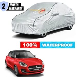Waterproof Car Cover For Maruti Swift with Mirror Pockets Swift Car Cover Fully Elastic Surface Body Protection Durable – Triple Stitched Swift vdi Car Cover (Silver Black Piping)