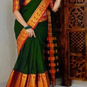 Sarees Women Pure Handloom Narayanpet Cotton Saree Peacock Zari with blouse Green