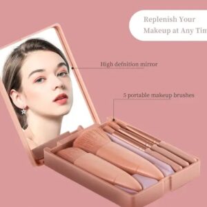Portable 5Pcs Travel Makeup Brush Set with Makeup Mirror in Brush Case – Lip Brush Blending Powder Brush Eyeshadow Brush – pink