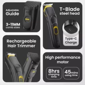 Trimmer Men, Beard Trimmer for Men, Professional Hair Clipper, Cordless Professional Hair Trimmer Titanium coated blade waterproof Trimmer 90 min Runtime 12 Length Settings (Black, Yellow)