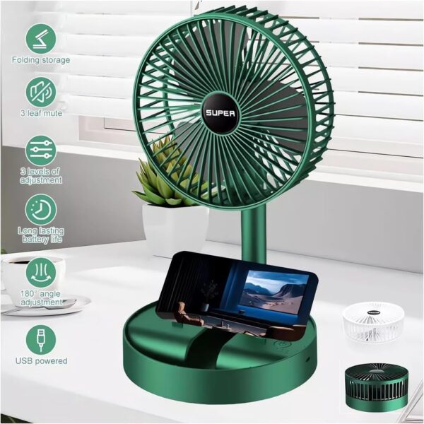 New Portable USB Rechargeable Collapsible Desk Fan for Travel, Silent Stand up Fan Wireless Folding Oscillating Compact Floor Standing Fans for Dorm ＆ Bedroom (KHAKI) - Image 5