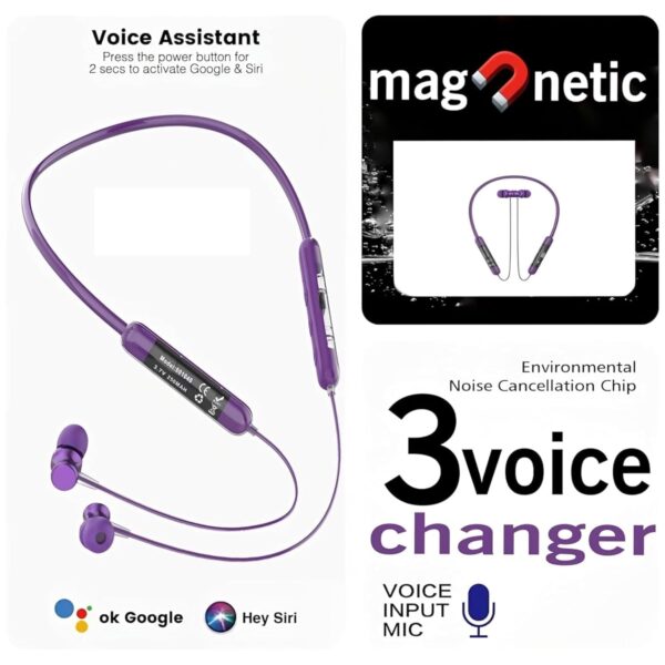 Neckband Earphones, Exclusive Transparent Design, 4 Voice Modes for Calls, 25 Hrs Playtime, Smart Voice Assistance, HD Sound & Rich Bass,Bluetooth Earphones with Type C Fast Charging Purple - Image 4