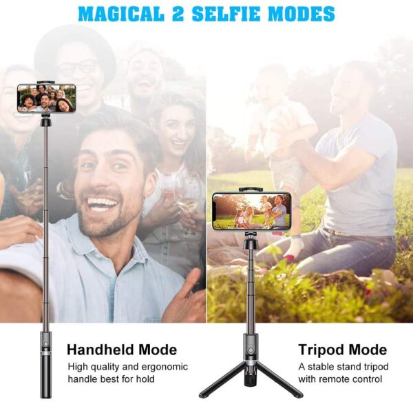 Selfie Stick, Extendable Selfie Stick with Wireless Remote and Tripod Stand, Portable, Lightweight, Compatible with All Smartphone and Mobile (Black) - Image 3