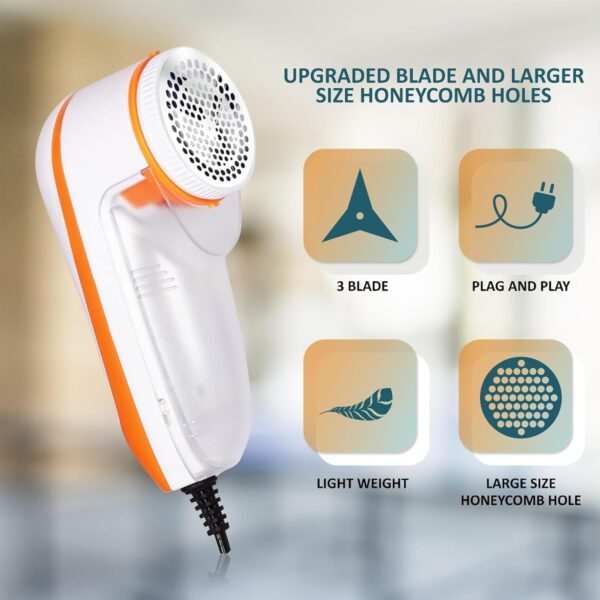 Electric Lint Remover | 1 Year Warranty| with 3 Leaf Blade, 9500 RPM Turbo Motor, Honeycomb Mesh, Safety Cover, lint Remover for Clothes White and Orange - Image 3