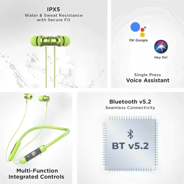 Neckband Earphones, Exclusive Transparent Design, 4 Voice Modes for Calls, 25 Hrs Playtime, Smart Voice Assistance, HD Sound & Rich Bass,Bluetooth Earphones with Type C Fast Charging green - Image 5