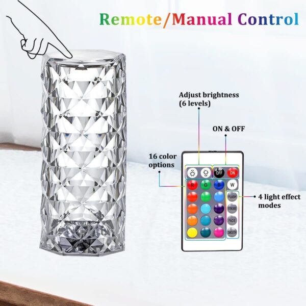 Crystal Lamp Light/16 Color Changing Diamond Shape Table Lamp/USB C Rechargeable Night Lamps/Touch with Remote Control for Bedroom/Living Room/Party-Dinner/Home Decor(Multicolor/1 Piece), LED - Image 7