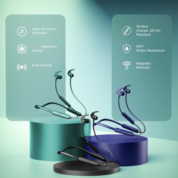 Rockerz 255 Pro+, 60HRS Battery, Fast Charge, IPX7, Dual Pairing, Low Latency, Magnetic Earbuds, Bluetooth Neckband, Wireless with Mic Earphones (Teal Green) - Image 5
