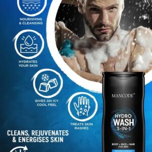 Mancode Hydro Body Wash 3 in 1 Body Wash Face Wash Hair Shampoo Energizing & Hydrating Refreshing Deep Cleansing Neem Aloe vera Vegetable Glycerin 450 ml Shower Gel for Men (Pack of 1)