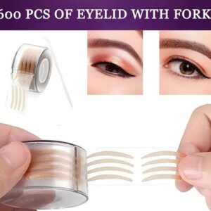 MKS WORLD 600 Pcs eyelid tape for double eyelid invisible waterproof , eyelid tape for hooded eyes Makeup Eyelid tape tools Sticker Strips with fork(Beige)