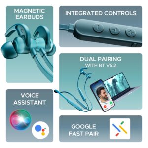 Rockerz 255 Pro+, 60HRS Battery, Fast Charge, IPX7, Dual Pairing, Low Latency, Magnetic Earbuds, Bluetooth Neckband, Wireless with Mic Earphones (Teal Green)