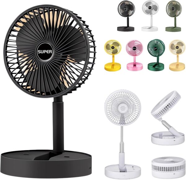 New Portable USB Rechargeable Collapsible Desk Fan for Travel, Silent Stand up Fan Wireless Folding Oscillating Compact Floor Standing Fans for Dorm ＆ Bedroom (BLACK)