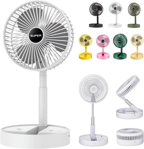 New Portable USB Rechargeable Collapsible Desk Fan for Travel, Silent Stand up Fan Wireless Folding Oscillating Compact Floor Standing Fans for Dorm ＆ Bedroom (WHITE)