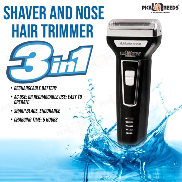 Pick Ur Needs Hair Trimmer Professional AC/DC Shaver With Clipper And 3 In 1 Beard, Nose And Ear Waterproof Hair Trimmer For Men, Black - Image 7