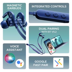 Rockerz 255 Pro+, 60HRS Battery, Fast Charge, IPX7, Dual Pairing, Low Latency, Magnetic Earbuds, Bluetooth Neckband, Wireless with Mic Earphones (Navy Blue)
