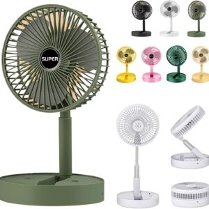 New Portable USB Rechargeable Collapsible Desk Fan for Travel, Silent Stand up Fan Wireless Folding Oscillating Compact Floor Standing Fans for Dorm ＆ Bedroom (L-GREEN)
