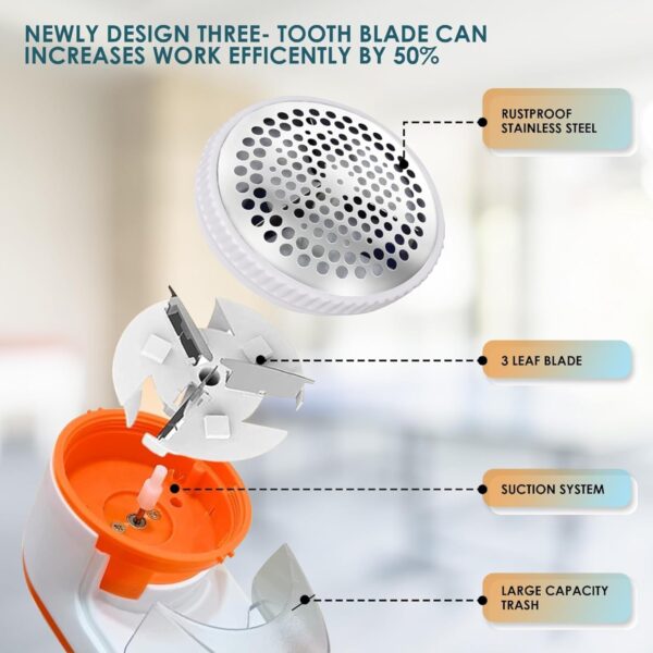 Electric Lint Remover | 1 Year Warranty| with 3 Leaf Blade, 9500 RPM Turbo Motor, Honeycomb Mesh, Safety Cover, lint Remover for Clothes White and Orange - Image 6