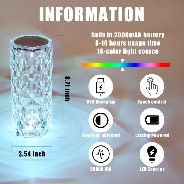 Crystal Lamp Light/16 Color Changing Diamond Shape Table Lamp/USB C Rechargeable Night Lamps/Touch with Remote Control for Bedroom/Living Room/Party-Dinner/Home Decor(Multicolor/1 Piece), LED - Image 5