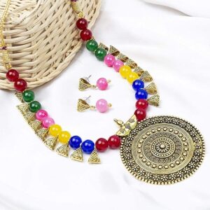 Brass and Beads Contemporary Traditional Necklace Set for Girls and Women – Multicolour
