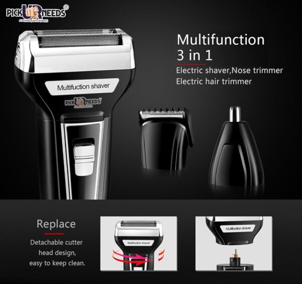 Pick Ur Needs Hair Trimmer Professional AC/DC Shaver With Clipper And 3 In 1 Beard, Nose And Ear Waterproof Hair Trimmer For Men, Black - Image 2