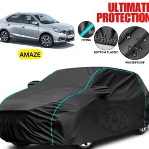 Fully Waterproof Car Cover For Honda Amaze with Mirror Pockets Amaze Car Cover Fully Elastic Surface Body Protection Durable – Triple Stitched Amaze VX Car Cover ( Black Piping)