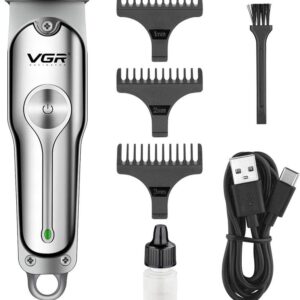 VGR V-071 Professional Hair Trimmer with Precision T-Blade, Turbo Function, 120-Min Runtime, Corded & Cordless Use, Type-C USB Charging, Red/Green Indicator Lights, 3 Guide Combs (Silver)