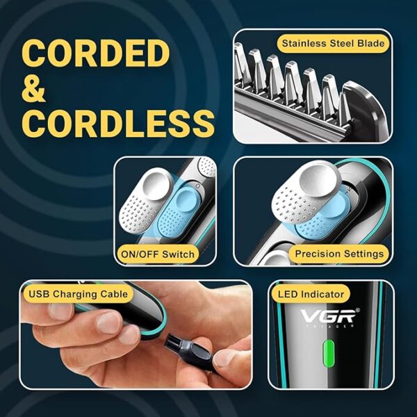 VGR V-055 Professional Hair Trimmer Corded & Cordless Runtime: 120 min Trimmer for Men (Black, Green) - Image 5