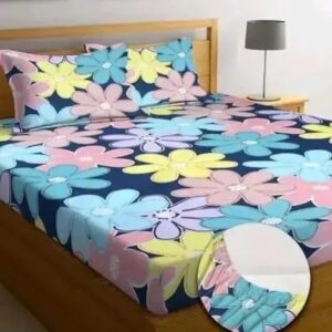 Super Soft Glace Cotton All Round Elastic Fitted Double Bed Bedsheet with 2 Pillow Covers-72x78x8 Inches-fiteed_Double