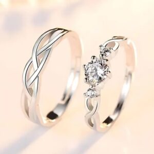 diamond Adjustable Heart Love Ring Combo set Platinum Silver propose AD Couples 2 Finger Rings for girls women Couple girlfriend King Queen Gf BF lovers men boys