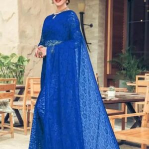 Brasso Net Aqua Blue Beads & Stones Saree With Blouse