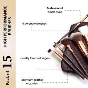Professional Makeup Brush Applicator Set of 15pcs with Premium Leather Pouch (Brown Colour)
