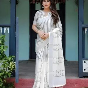 New Premium Collection Geometric Printed Pure Cotton Linen Saree With Trendy Tassel For Women Party Wear & Casual Wear Best Quality & Lowest Price