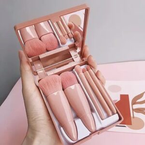 Portable 5Pcs Travel Makeup Brush Set with Makeup Mirror in Brush Case – Lip Brush Blending Powder Brush Eyeshadow Brush – pink